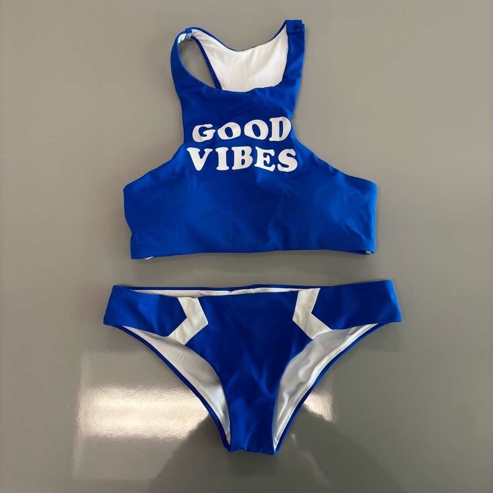PINK Victoria's Secret Good Vibes Blue and White Bikini. Size XSmall - Picture 2 of 5